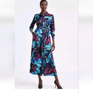 Inc International Satin Shirt Dress  XS Women Button Up Pockets Colorful No Belt